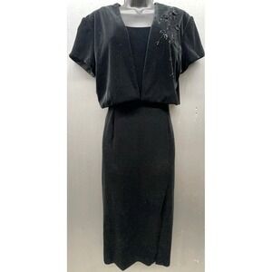 Vtg Velvet Dress Sz 6 Black Sleeveless Cropped Jacket Beaded Slit Sexy Elegant